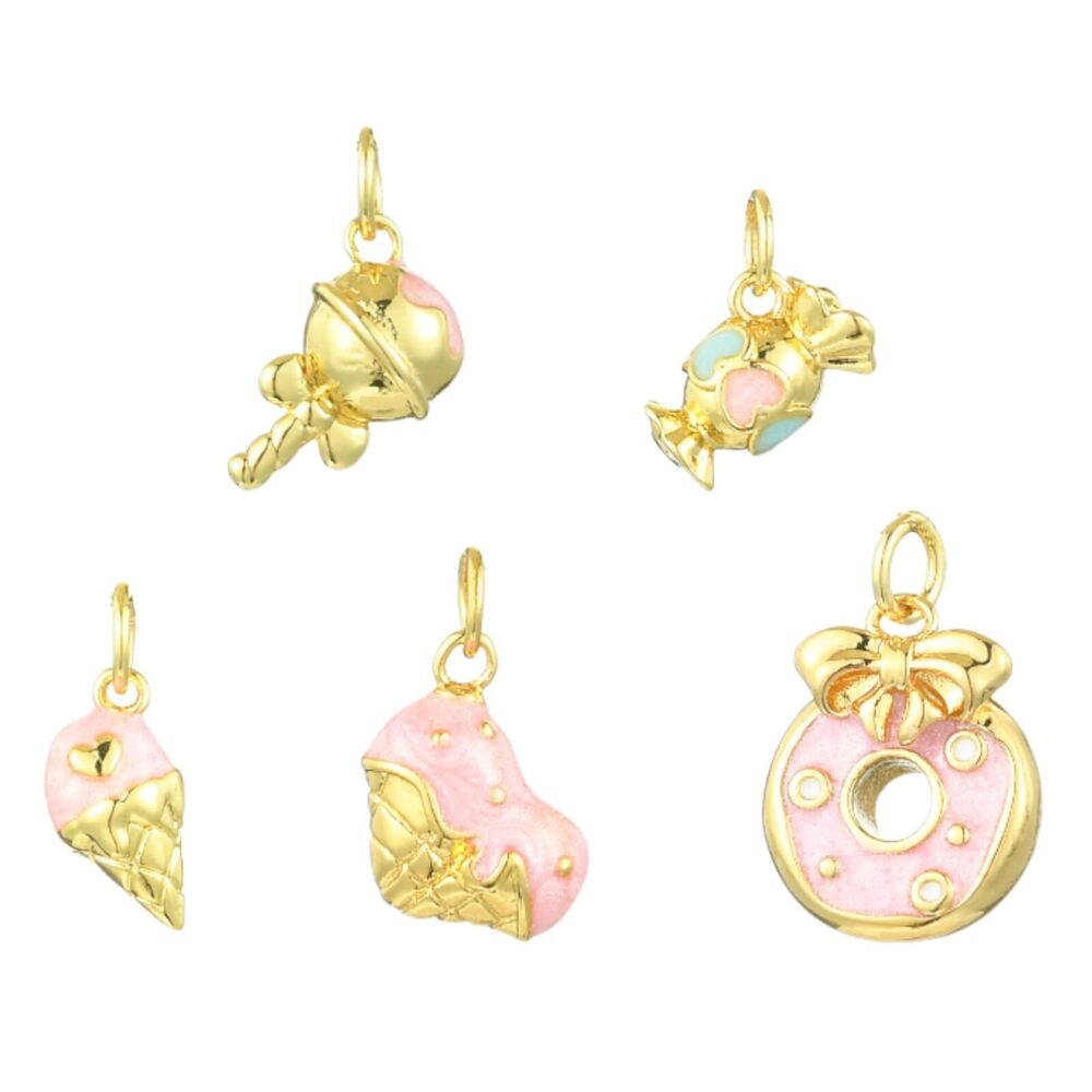 6808 10 Pcs Food Theme Real 18K Gold Plated Charms Brass Pink Enamel Charms